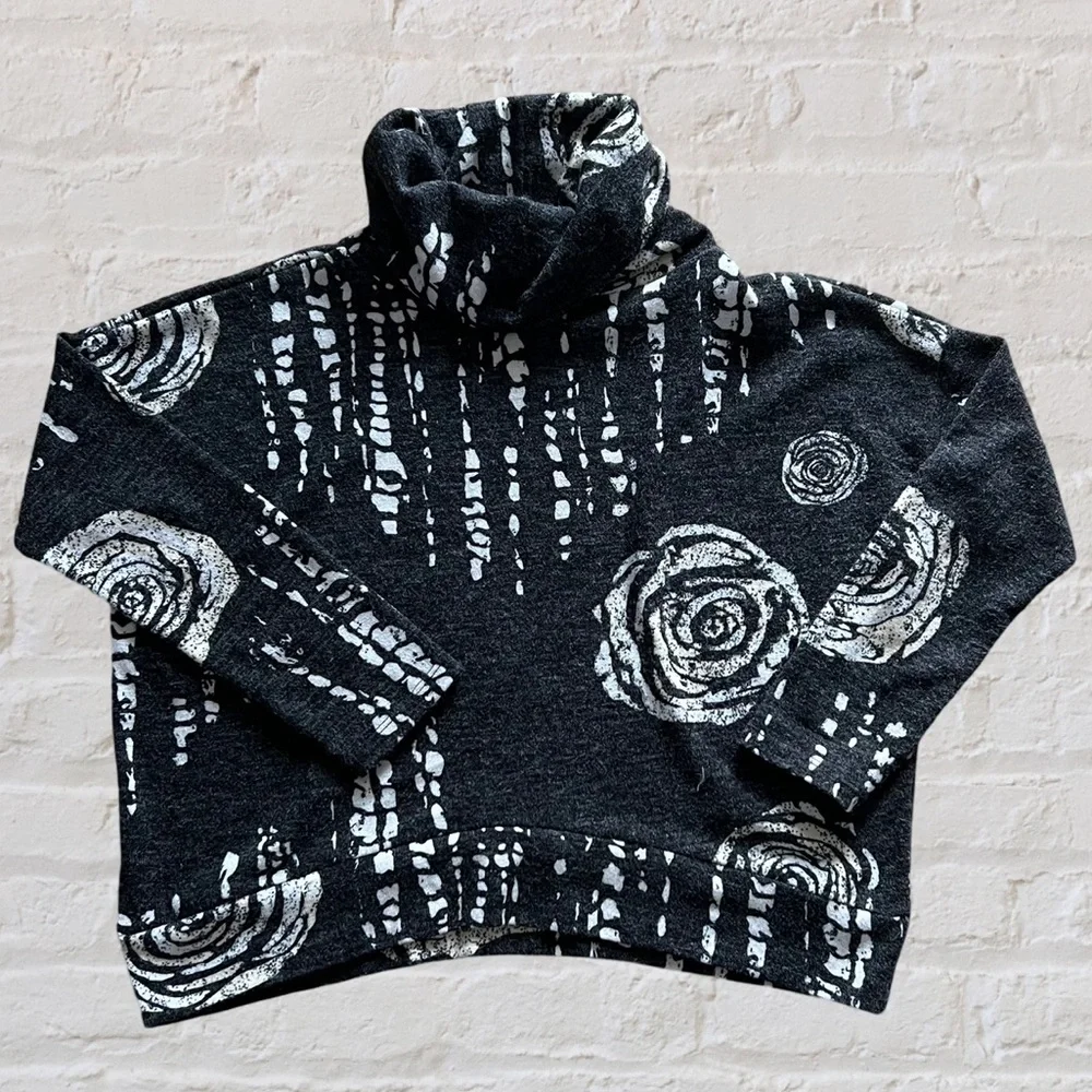 Black and White Rose Scatter Pattern Cowl Sweater by Clara Sunwoo - Picture 2 of 10